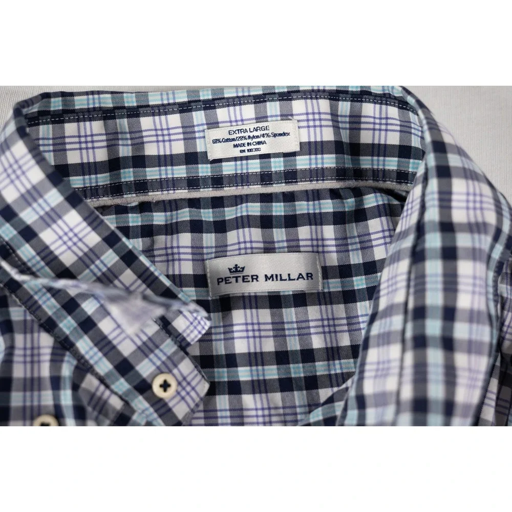 Peter Millar Button Down Mens XL Blue Plaid Excellent Stretch MF18W28NBL